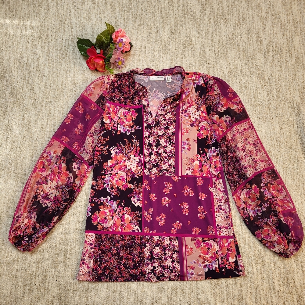 Susan Graver floral patchwork tunic with sheer sleeves